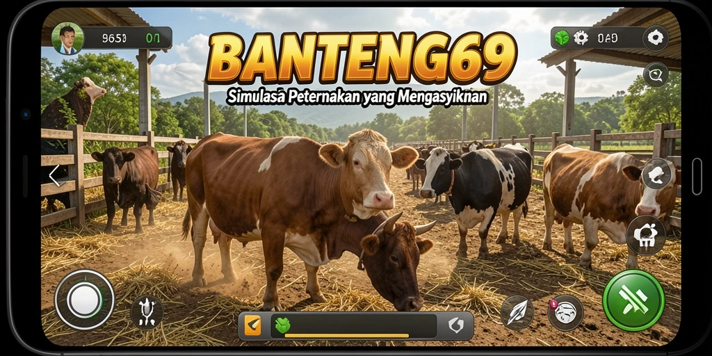 Tangkapan layar utama BANTENG69 menampilkan gameplay simulasi peternakan yang menarik.