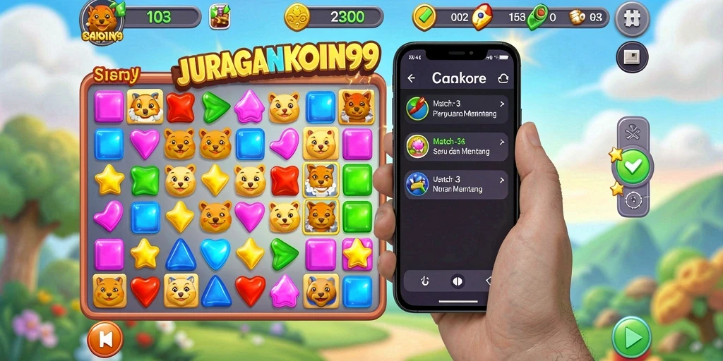 Screenshot gameplay JURAGANKOIN99 dengan tantangan Match-3 yang seru.