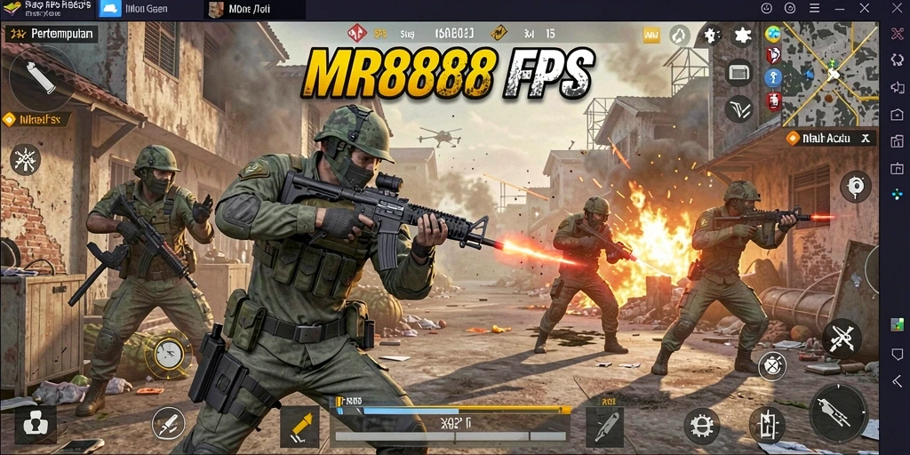 Screenshot gameplay MR888 menampilkan pertempuran FPS yang mendebarkan.