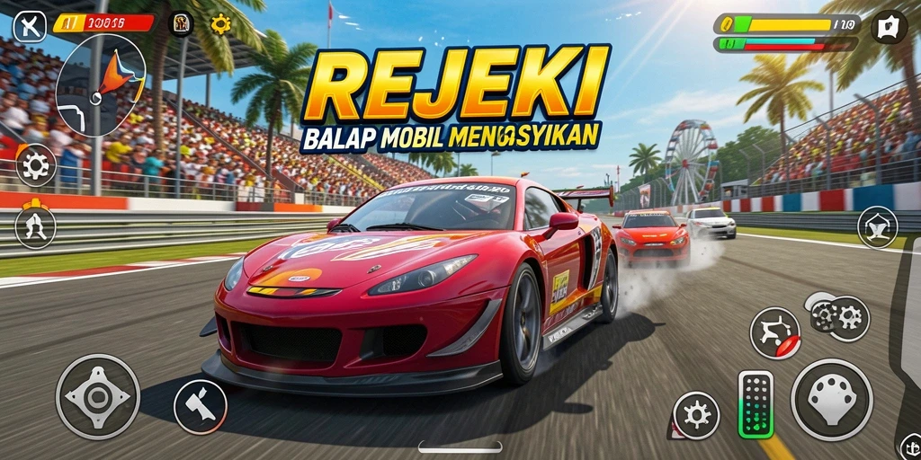 Screenshot gameplay REJEKI yang menunjukkan aksi balap intens dan mobil cepat.